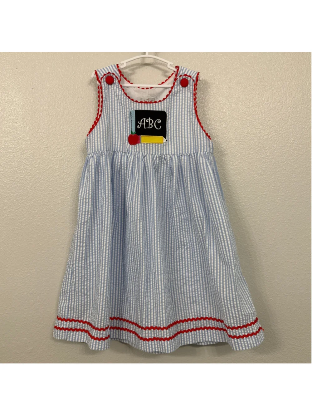 Smocked or Not Girls Blue Seersucker ABC School Dress Chalkboard Size 6
